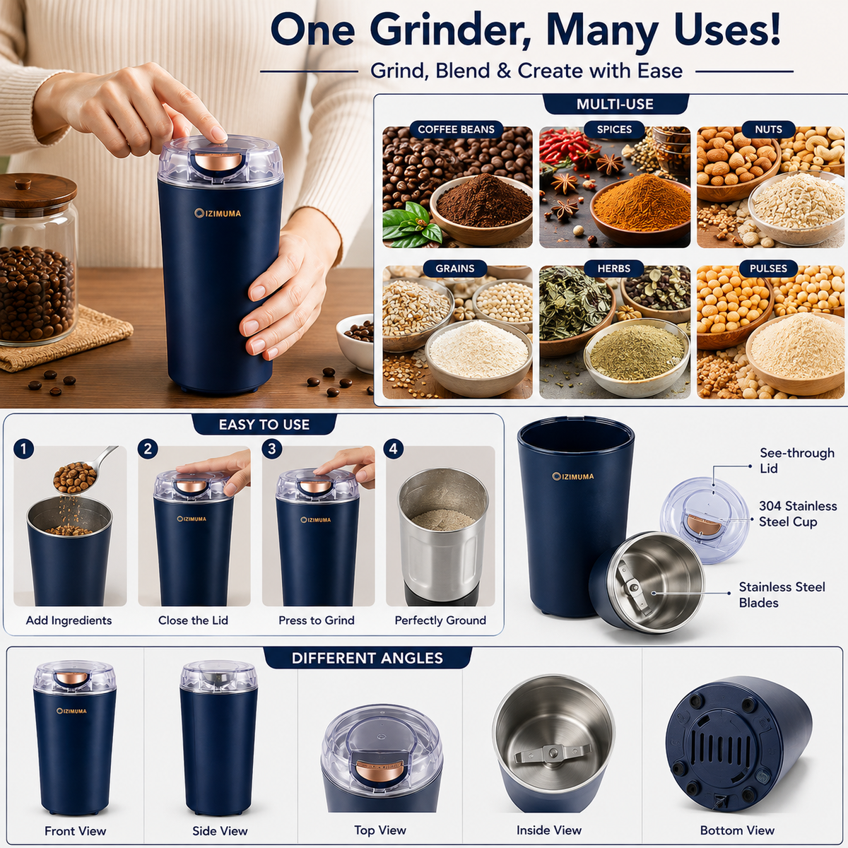 Multi-Purpose Electric Grinder for Spices, Coffee & Nuts