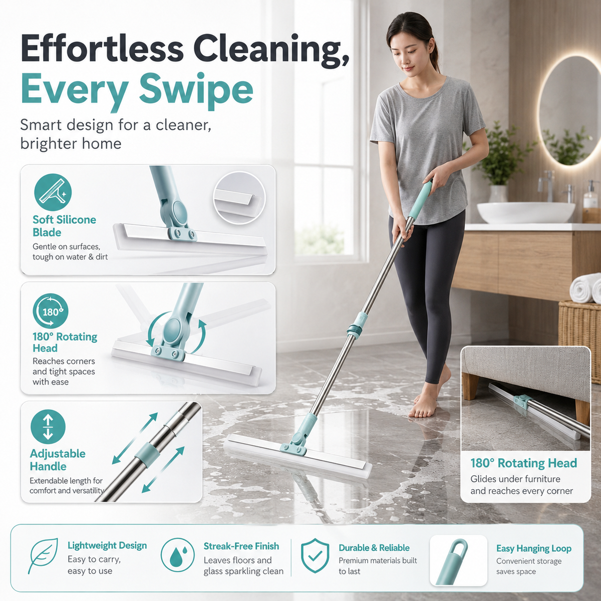 FlexiReach 180° Floor Sweeper - Adjustable Long Handle