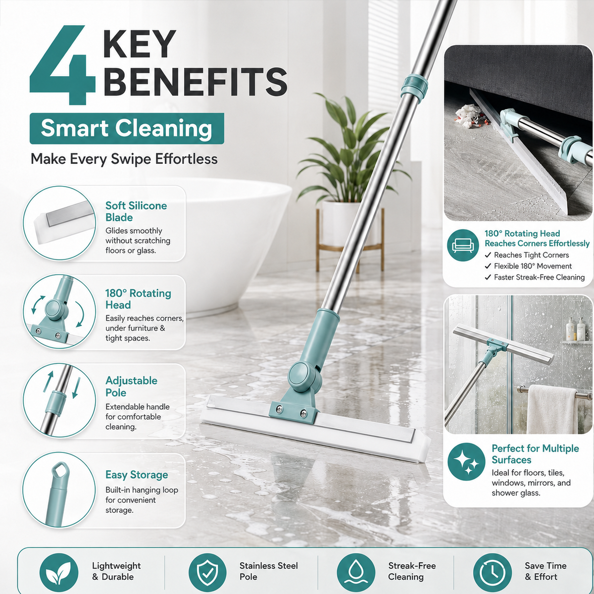 FlexiReach 180° Floor Sweeper - Adjustable Long Handle